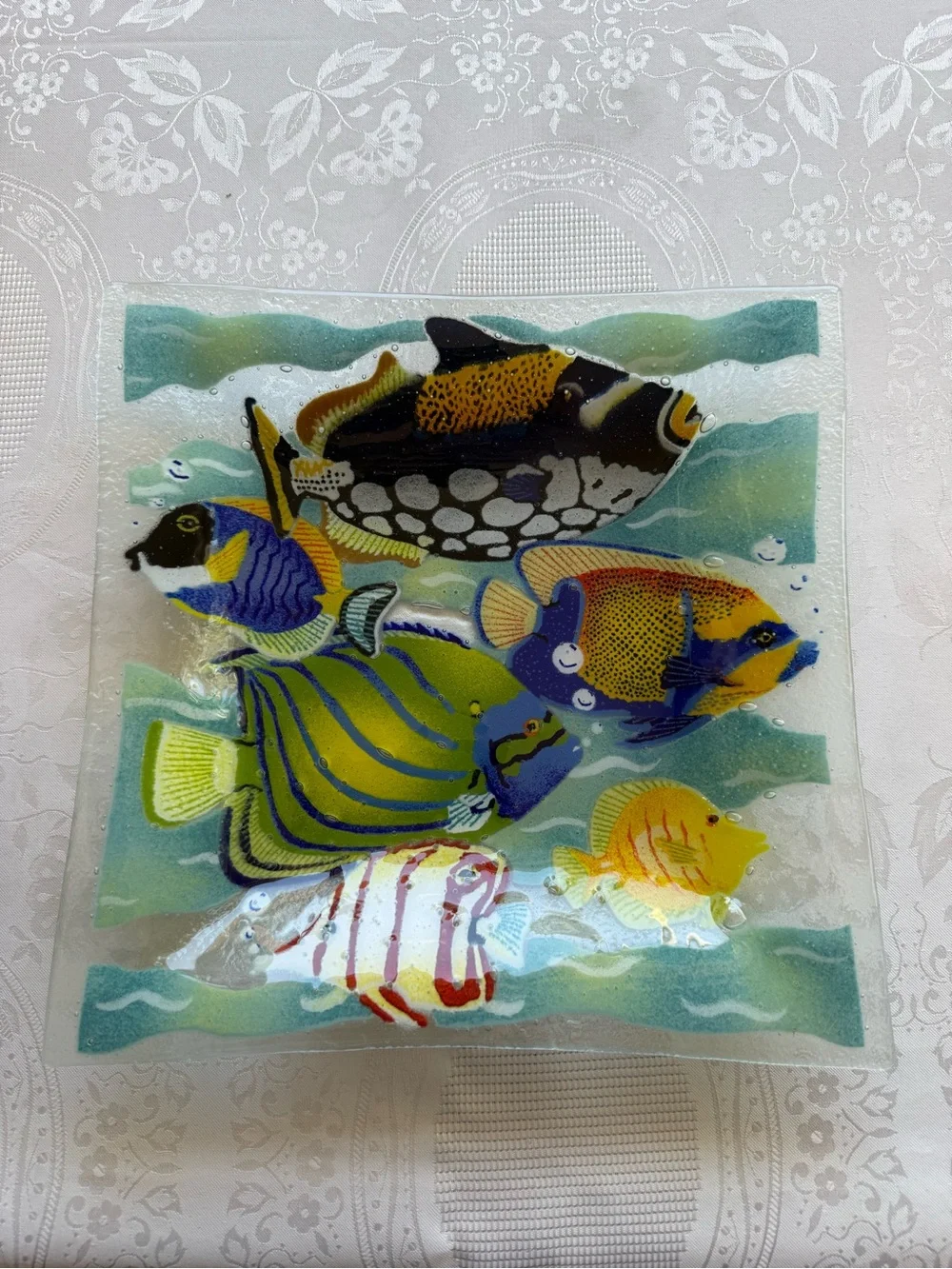 Peggy Karr Fused 12” Glass Multicolor Tropical Fish Decorative Art Plaque Bowl